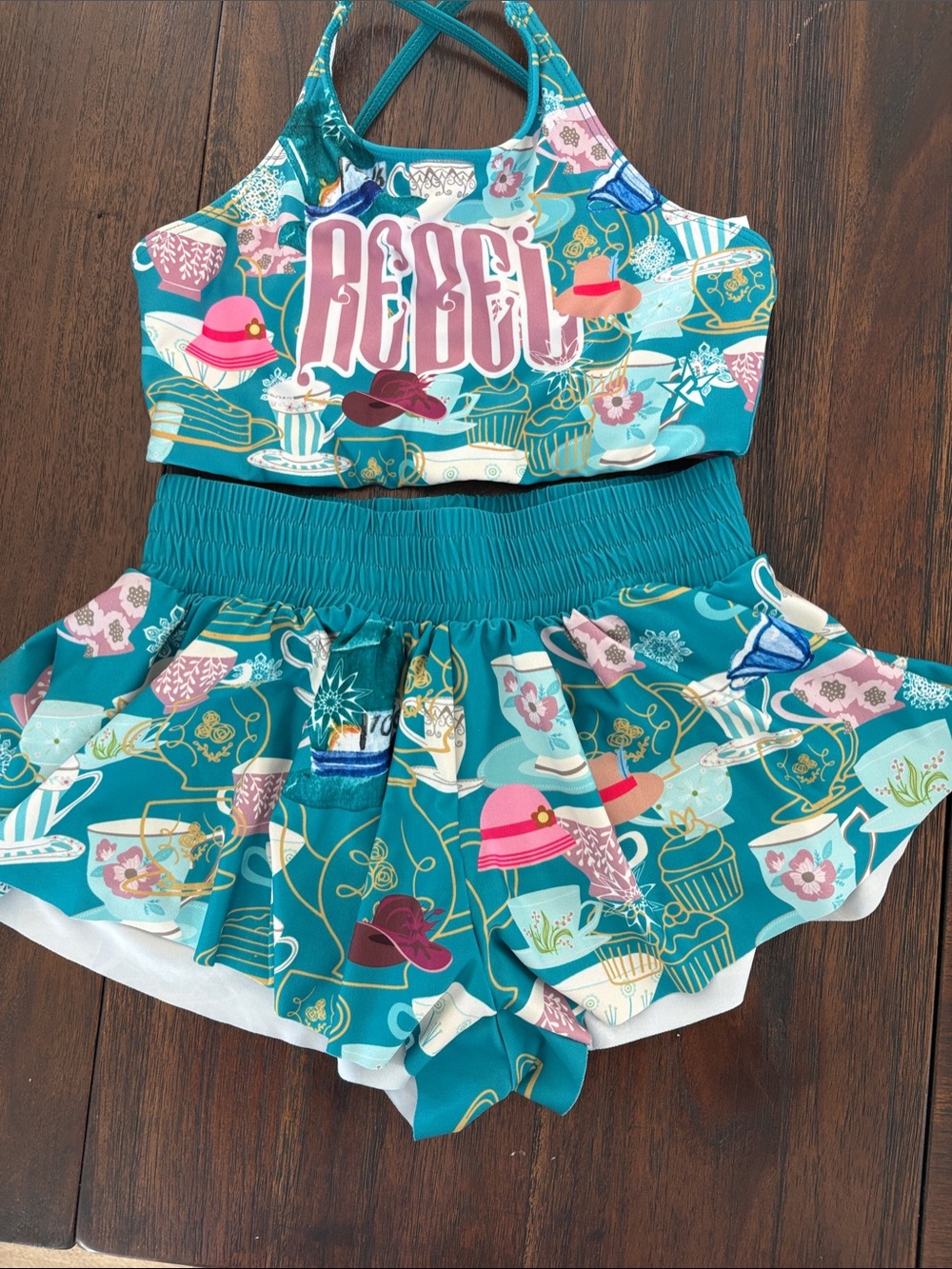 Teal 'Rebel' Two-Piece Active Set with Alice in Tea Party Print